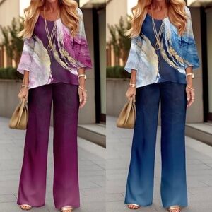 Depensl Two-Piece Set for Women Boho Print Pants Loose Top Shirt Wide Leg